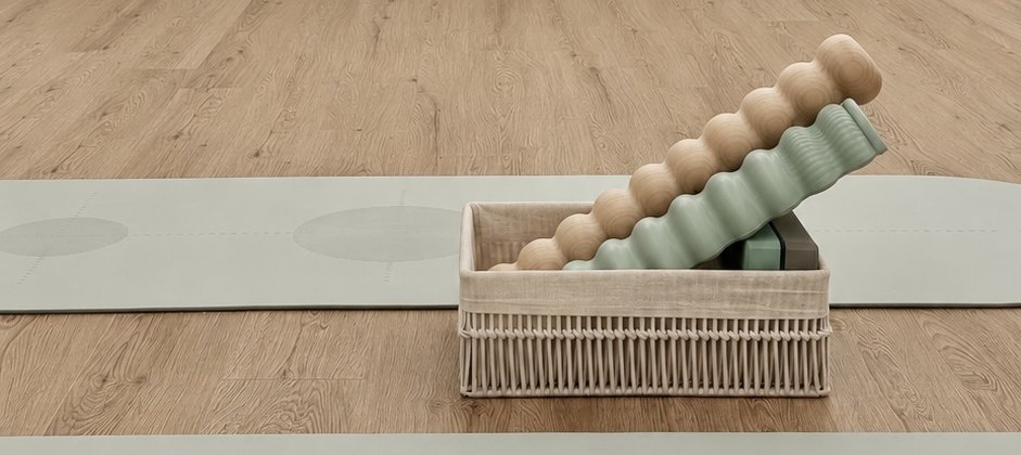 우드 바닥 위 매트와 바구니에 담긴 SNPE 롤러